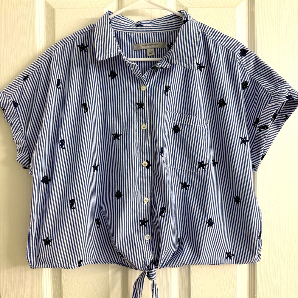 Andrew Marc New York Embroidered Nautical Short Sleeve Striped Button Tie Top XL